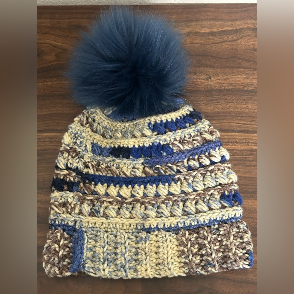 Women’s Crocheted Blue Beige Beanie with Faux Fur Pom